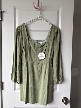 Lost + Wander Olive Sage Green Square Neck Mini Dress